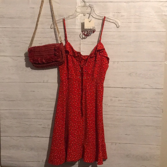 red ditsy floral print frill detail shift dress Red Ditsy Floral Print Frill Detail Shift Dress